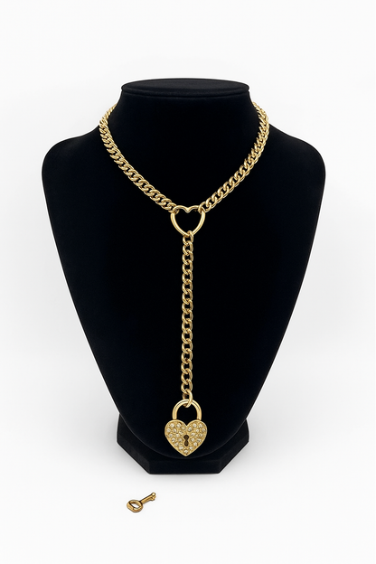 Crystal Heart Lock & Key Slip Chain